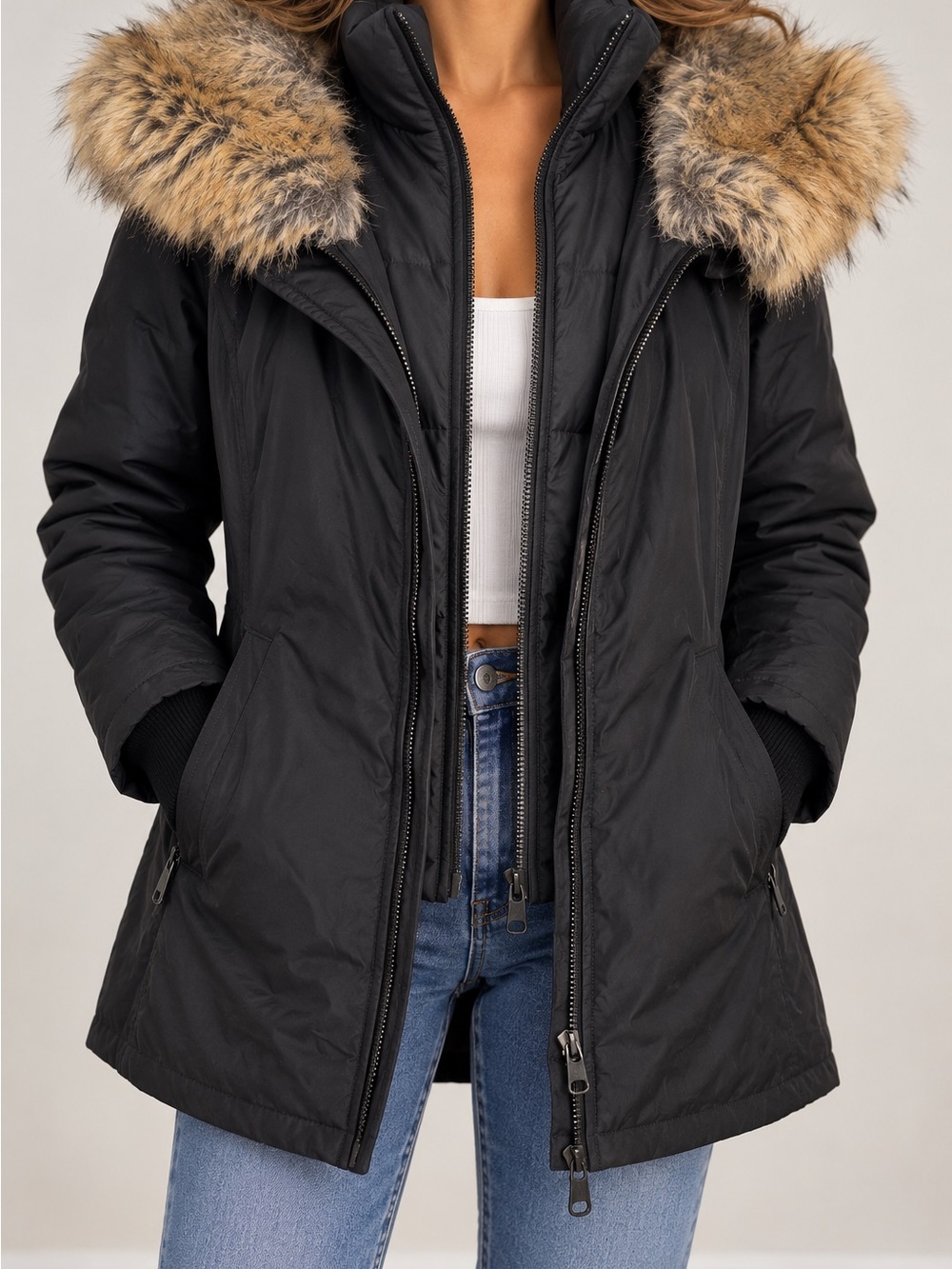 Babaton Harrison Parka Black Premium Goose Down Fur Hood Coat XS